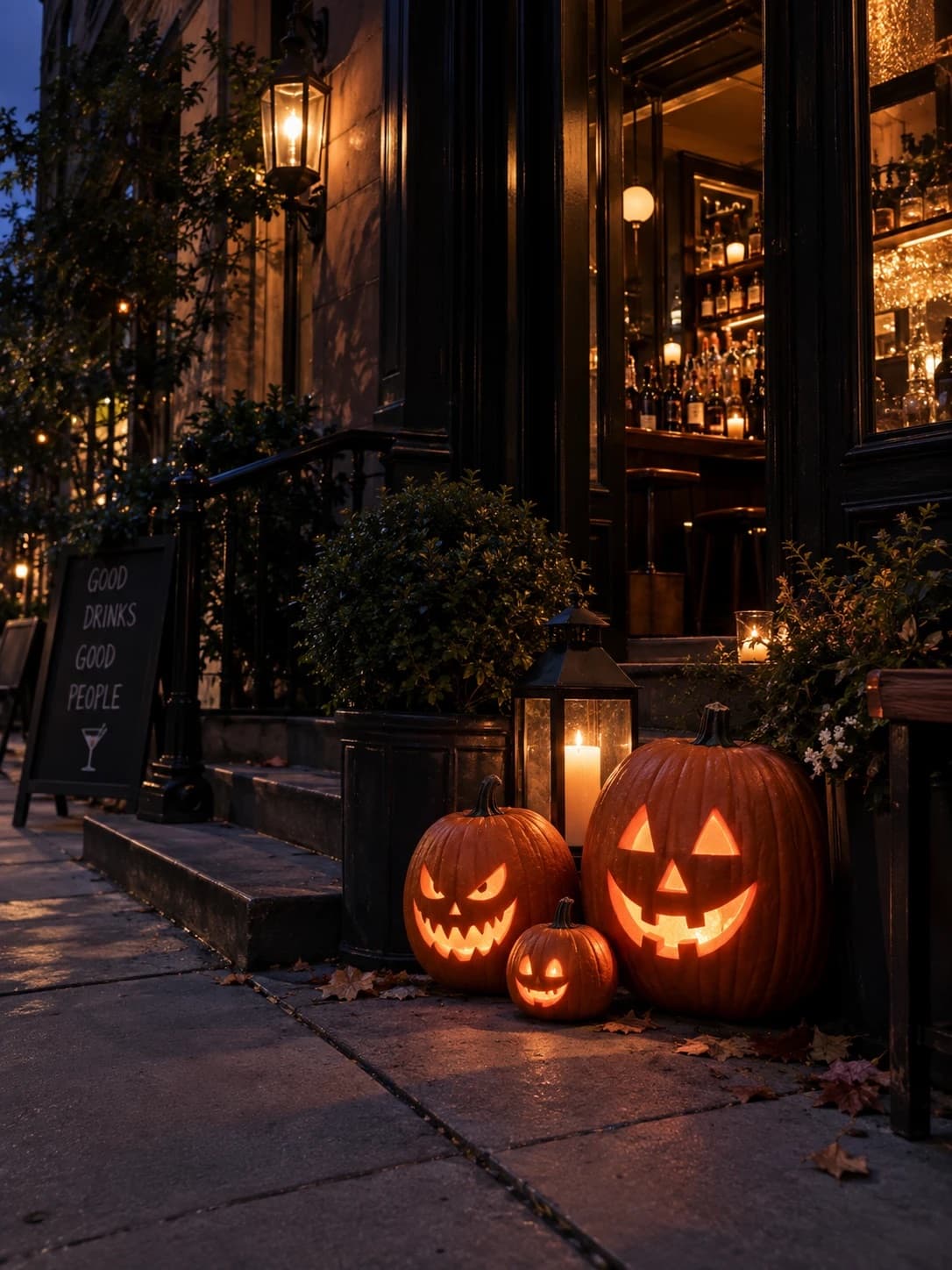 Illustration: carved jack-o’-lanterns and a candle lantern on a bar’s front steps at dusk